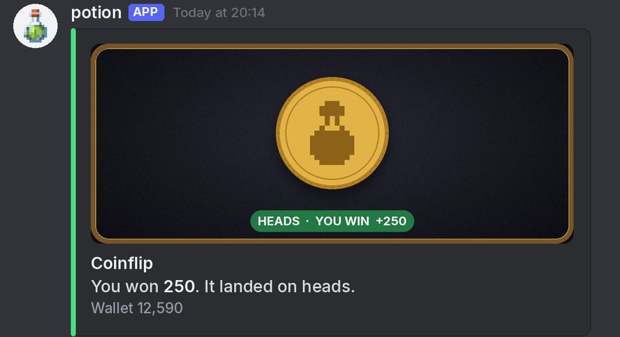 Potion's coinflip card in Discord: heads, you win 250